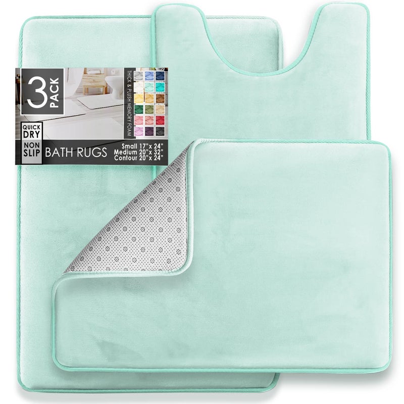 Clara Clark 3 Piece Bathroom Rugs Bath Mat Set, Velvet Memory Foam Bath Mats for Bathroom - Non-Slip, PVC Backing Bath Rugs, Washable - Dries Quickly, Blue - Image 2